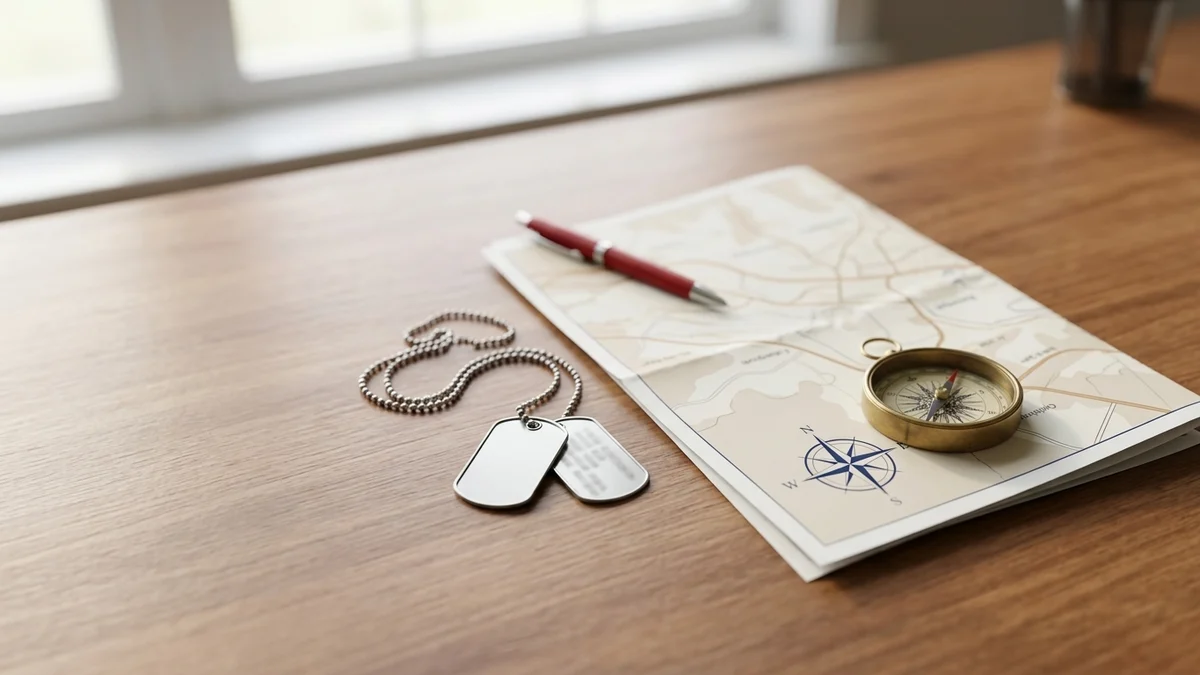 Military dog tags beside a folded map and a compass, representing a service member planning a relocation search.